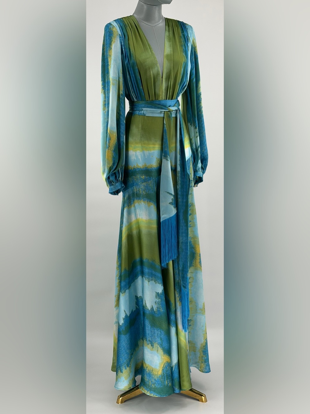 🆕 BRONX & BANCO 🧿 NWOT Coastal Carmen Belted Fringe Gown, Blue - Sz XS US 2 - Picture 5 of 16